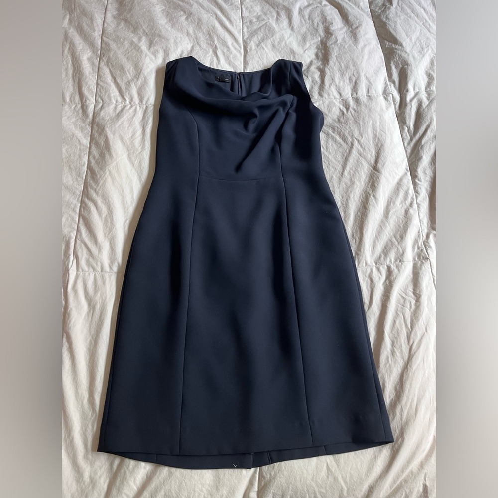 Talbots Women’s Seasonless Classic Crepe Sheath Navy Midi Dress Petite 4
